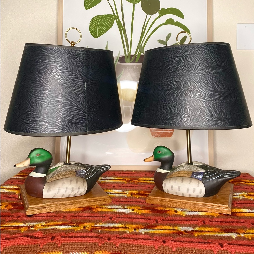 SOLD Vintage Ceramic Duck Lamps; Oak, Black Shade
